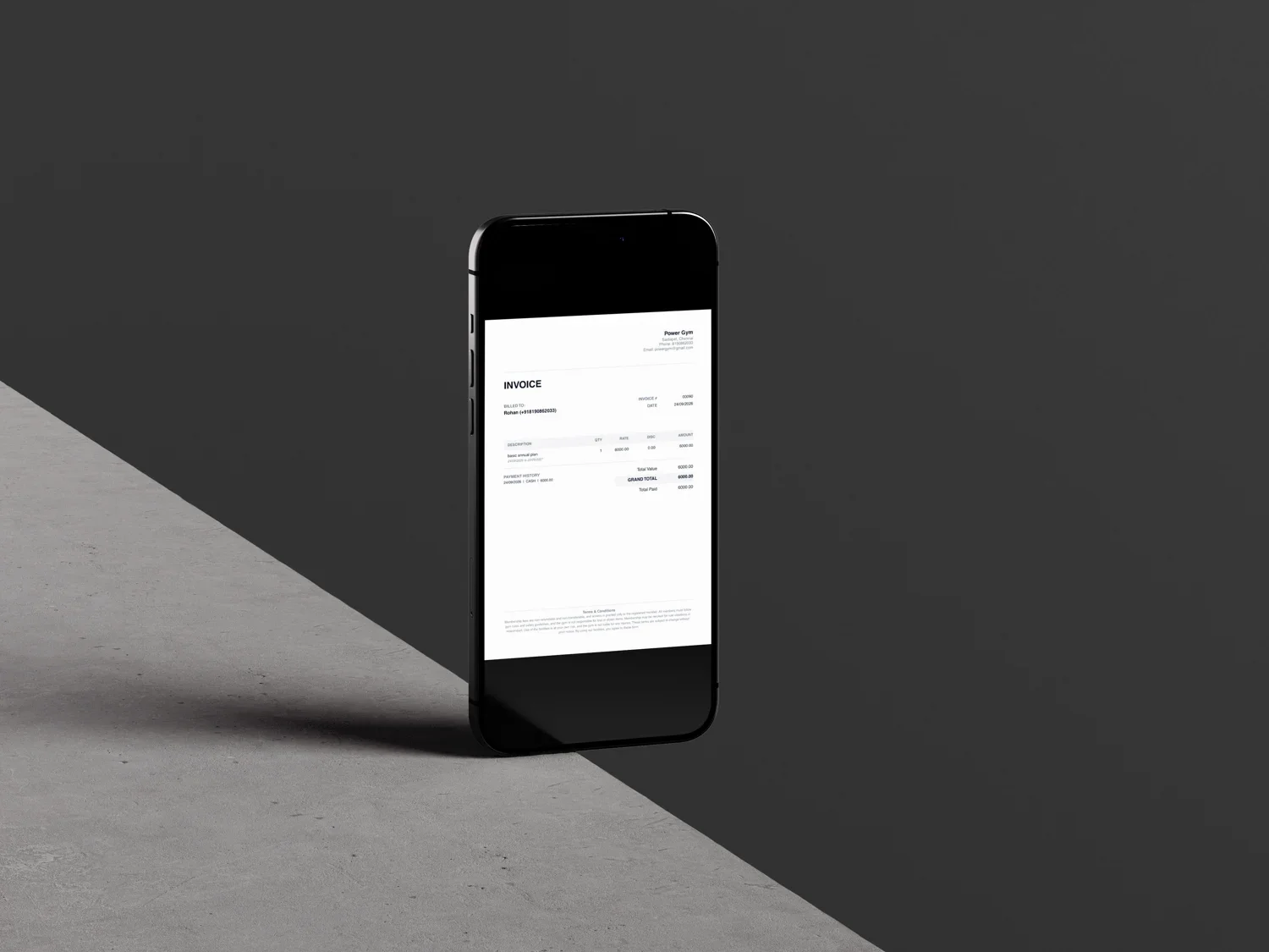 GymCodex invoice displayed on a phone