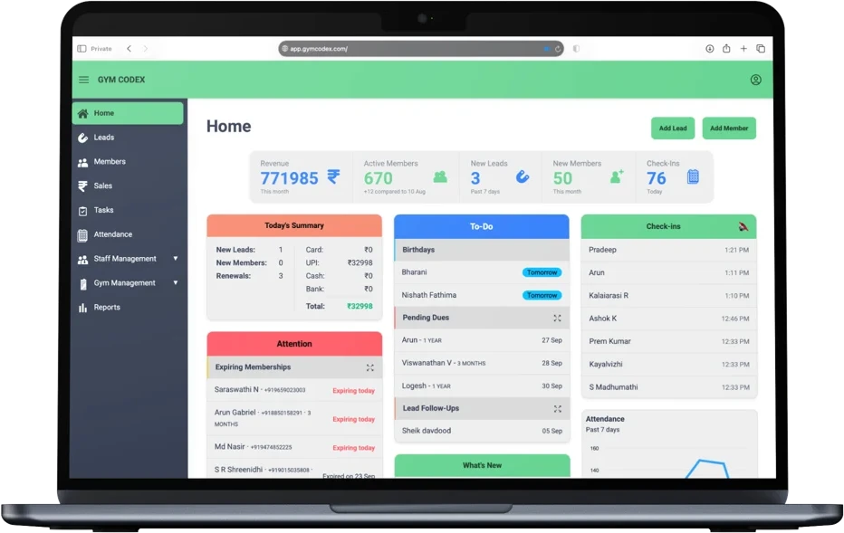 GymCodex desktop dashboard showing revenue, memberships, dues and follow-ups