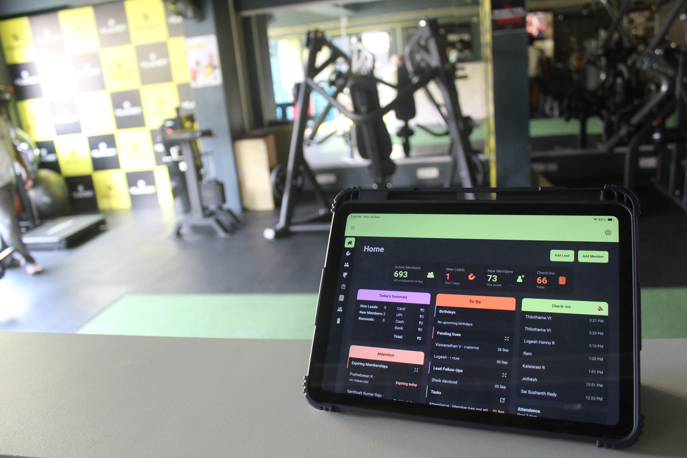 GymCodex dashboard on a tablet at a real gym reception