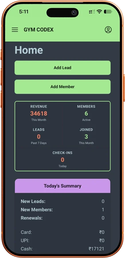 GymCodex dashboard on a phone