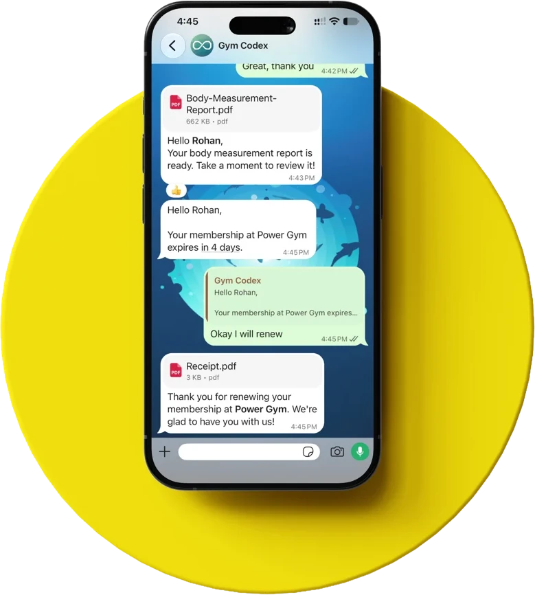 WhatsApp conversation showing an automatic body report, renewal reminder and payment receipt